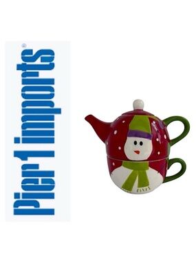 Pier 1 Imports Snowman Hand Painted Dolomite Teapot & Cup